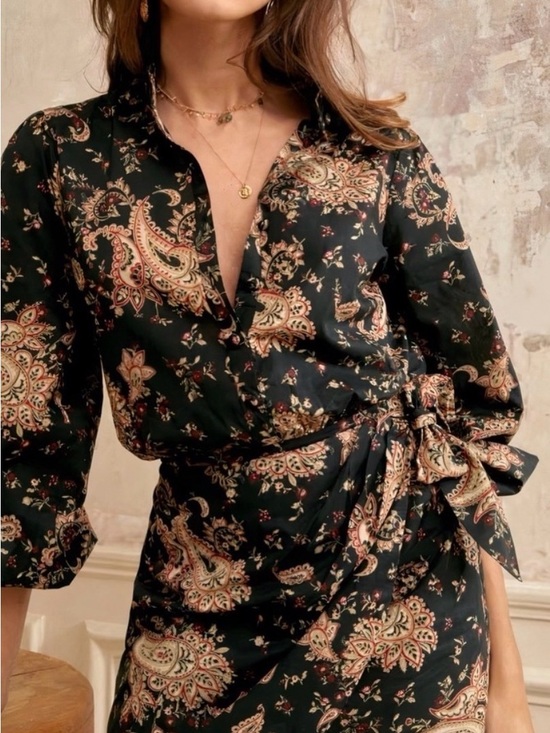 Sezane Dresses & Skirts - NWT Sezane “Capri” Dress in Paisley Noir 
Wrap Floral Mini Long-Sleeve Brand New